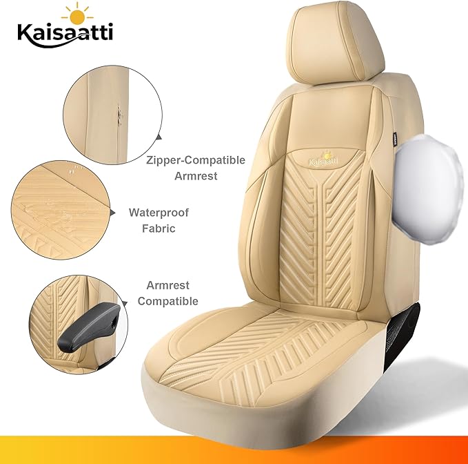 PU Leather Car Seat Covers Full Set – Waterproof seat Cover for Cars，3D Foam Support Automotive seat Covers ，Airbag Compatible, Universal Fit for Cars SUVs Trucks Sedans（Khaki）