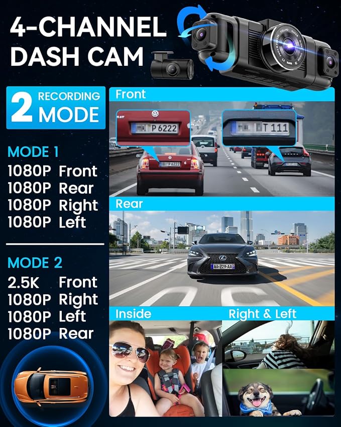 IIWEY N5 4 Channel Dash Cam 360° View, 1080P Front and Rear Inside, Left Right Dash Camera for Cars, 8 IR Lamps Night Vision, 5G WiFi & APP Control, G-Sensor, Parking Mode, with a Free 128GB SD Card