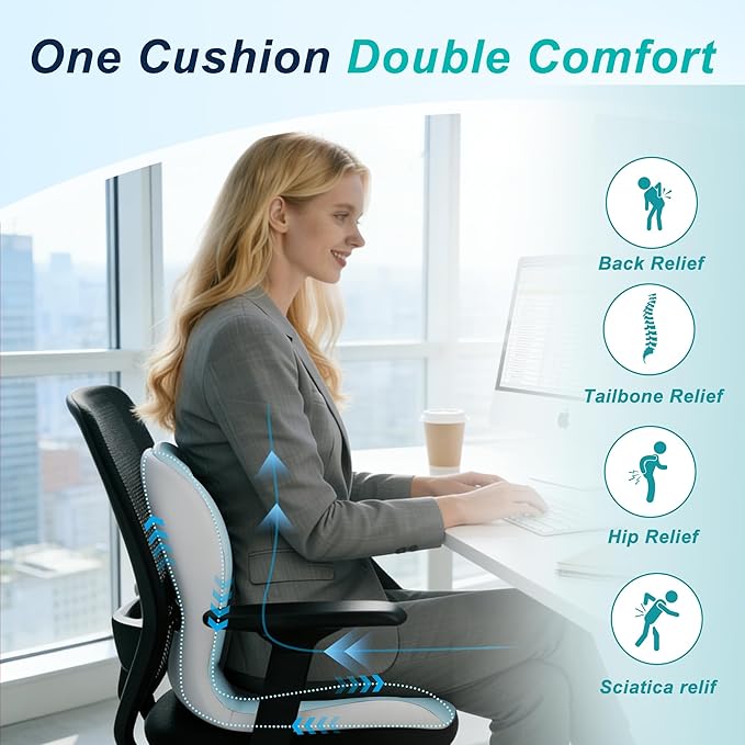 Seat Cushion for Office Chair and Car, Lumbar Support Pillow for Office Chair, Memory Foam Ergonomic Seat Cushion for Long Sitting, Back & Tailbone Pain, Sciatica - Blue & Gray