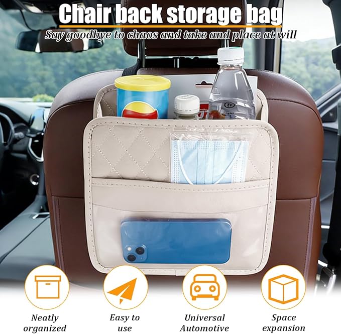 Car Seat Back Organizer, Leather Multipurpose Automotive Hanging Storage Bag Pockets, Vehicle Interior Backseat Trash Bag Can Organizer Accessories, Universal for Most Cars (Beige)