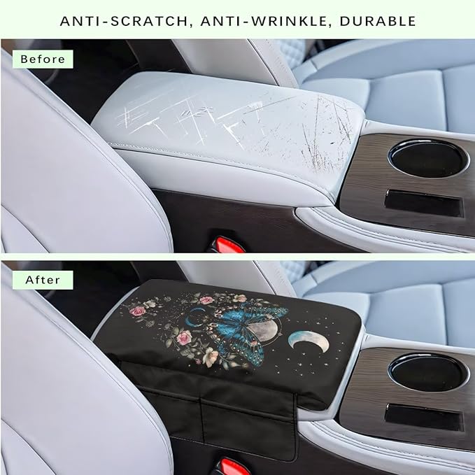 Wanyint Butterfly Flower Moon Black Car Center Console Cover Comfortable Armrest Box Mat Hand Rest Pillow for Car Seat Organizer Arm Rest Cushion Protective Cover Car Interior Decor