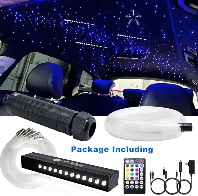 AZIMOM 6W RGBW 550pcs 0.03in 13.1ft Fiber Optic Starlight Headliner Kits with Meteor Shooting Star Fiber Strands Sound Activated Bluetooth/APP Remote Control Starlight