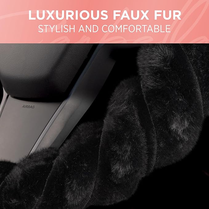 Carbella Twisted Fur Black Soft Steering Wheel Cover, Standard 15 Inch Size Fits Most Vehicles, Fuzzy Fluffy Car Steering Cover with Soft Faux Fur Touch, Car Accessories for Women