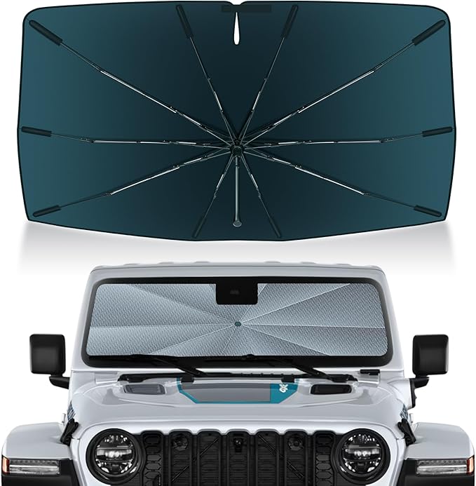 Autorder Windshield Sun Shade Umbrella for 2018-2026 Jeep Wrangler JL Accessories,Upgraded Ice Crystal Material,Easy Setup Umbrella Sunshade for Car Windshield,100% Sun Blocking