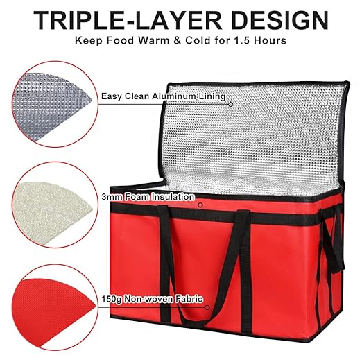 CIVJET 1-Pack Insulated Food Delivery Bag, XXX-Large Commercial Food Warmer for Delivery Drivers, Insulated Reusable Grocery Cooler/Hot Bags, Tote Bag for Shopping/Travel, Catering Bag 22x14x13, Red