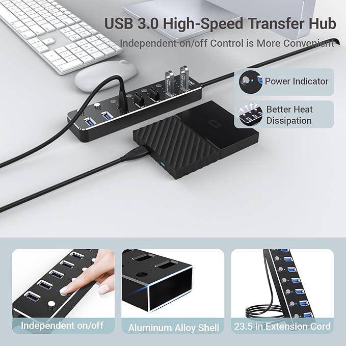 USB 3.0 Hub 7 Port USB Hub with 2ft Long Cable Aluminum USB Hub for Laptop and PC with Individual On/Off Switch and LED Indicator