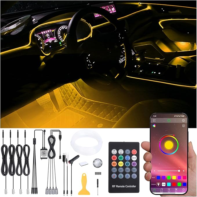 5 Meters Optic Fiber Car Ambient Lighting with Bluetooth App Control + RF Remote Control 64 Colors Multicoloured Music Interior Footwell Lighting Kit DC 12V 1W