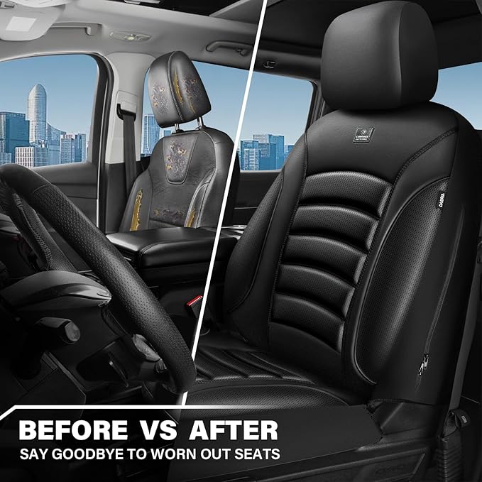 CAR PASS 3D Foam PU Leather Car Seat Covers, Universal Seat Covers Front 2 for Trucks SUV Sedan Automotive Seat Covers Armrest Airbag Compatible Waterproof Comfortable Faux Nappa Leather All Black