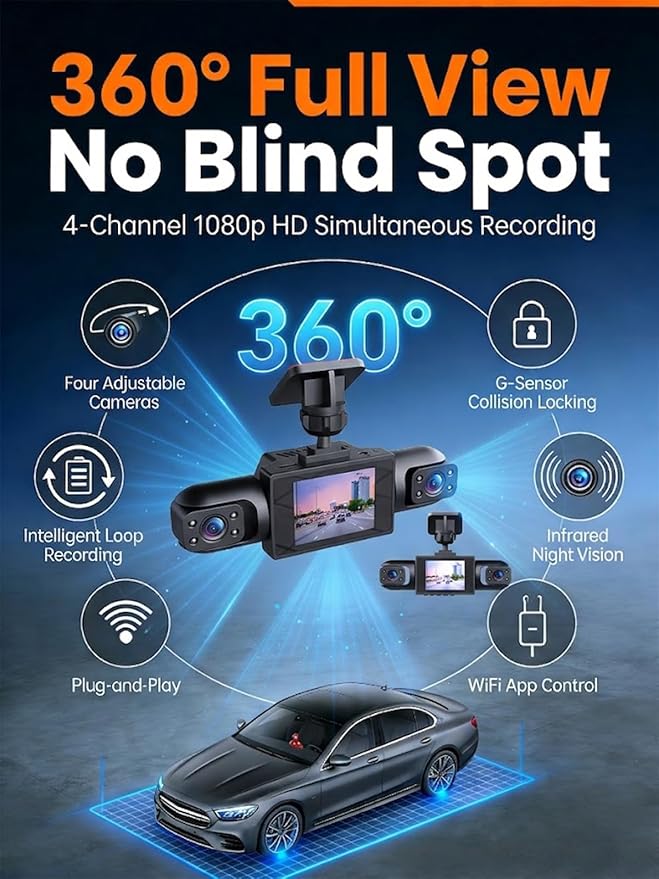 2026 New Full View Wireless Car Dashcam System,4k 4-Channel 360° Panoramic Dash Camera WiFi 6 Driving Recorder,Infrared Night Vision,24/7 Parking Monitor,G-Sensor,Motion Detection(64g)