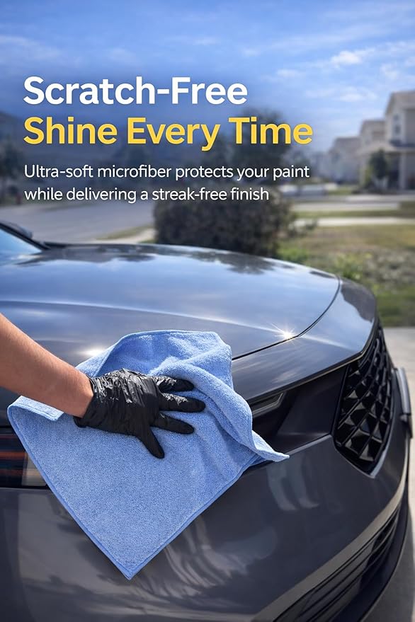 Premium Microfiber Towel for Cars 12 Pack, 400GSM, Quick-Dry, Scratch-Free, High and Low Pile Surface, Gray, Yellow, Blue,16 x 16 Inches, for Car Detailing and Household Use