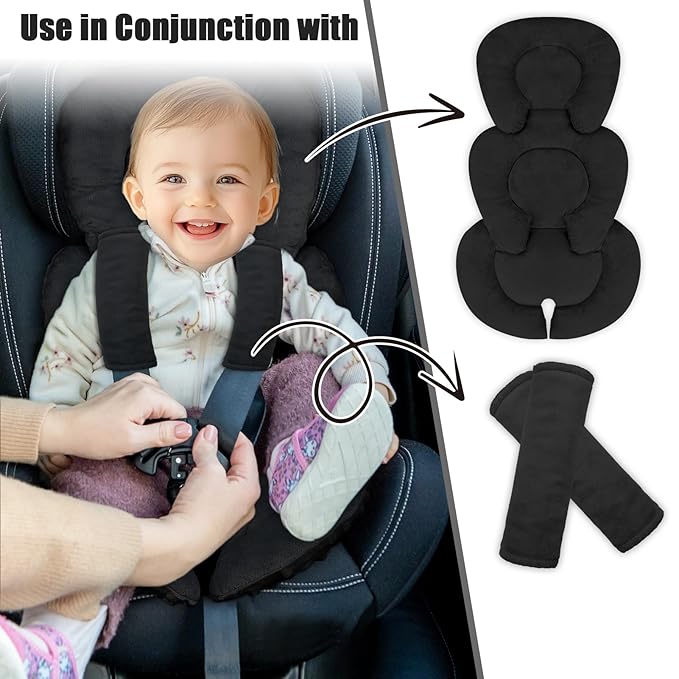 GFU Infant Car Seat Insert Head and Body Support, Reversible Newborn Insert for Carseat with Strap Pads, Soft Stroller Cushion Pillow Insert for Boys and Girls, Fits for Stroller, Swing, Black