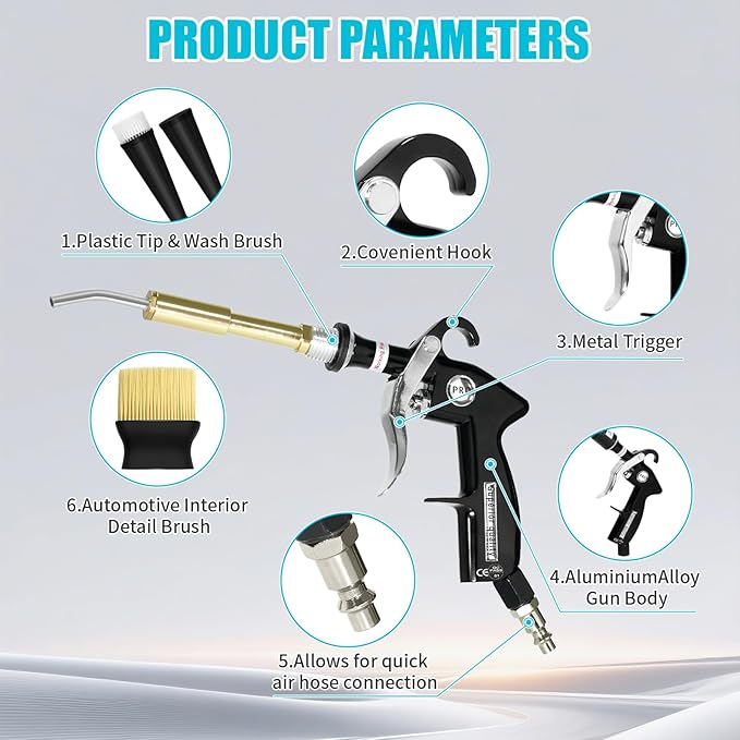 High Pressure Car Cleaning Gun with 2 Nozzles & Brush, Air Blow Gun for Interior Detailing, Dry Cleaning Tool for Dust Removal, Works with Air Compressor Only (No Water Needed)