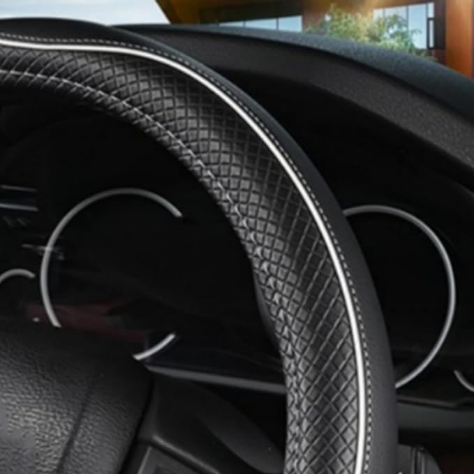 LABBYWAY Microfiber Leather Steering Wheel Cover, Universal 14.5-15 Inch Steering Wheel Anti Slip Car Interior Accessories for Men Women (Black with White Line)