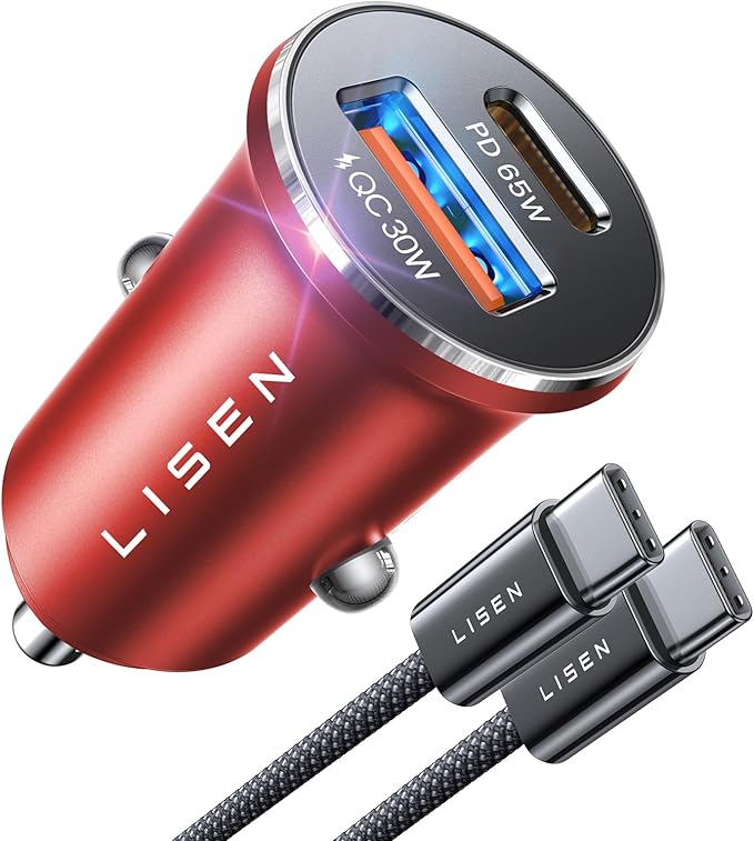 LISEN USB C Car Charger Adapter Fast Charge 95W [All Metal] Cigarette Lighter USB Charger Fast Charging PD65W Dual Port Car Phone Charger for iPhone 15 Pro Max Plus 14 Samsung Galaxy Red