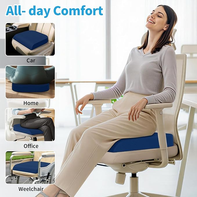 Large Seat Cushion, Memory Foam Cushion for Long Sitting Hours on Office Chair, Home & Car, Non-Slip Chair Pad for Relieving Back & Sciatica & Hip & Coccyx Pain (Blue)