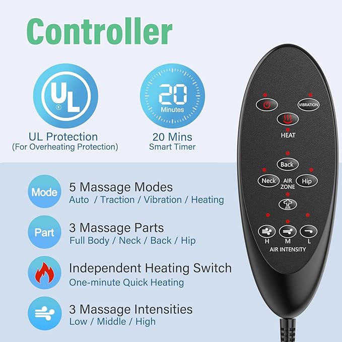 Back Massager with Heat & Traction & Vibration, Seat Massager Pad for Pain Relief Deep Tissue, Lumbar Traction, PU Leather, Foldable, for 5’ to 6’1”, Massage Chair Pad for Office Home