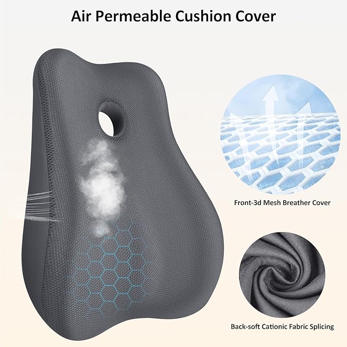 Seat Cushion,Lumbar Support Pillow for Office Chair,Memory Foam Coccyx Seat Cushion,Ergonomic Mesh Back Support Pillow,Office Desk Chair Cushion for Sciatica,Back&Tailbone Pain Relief,Grey