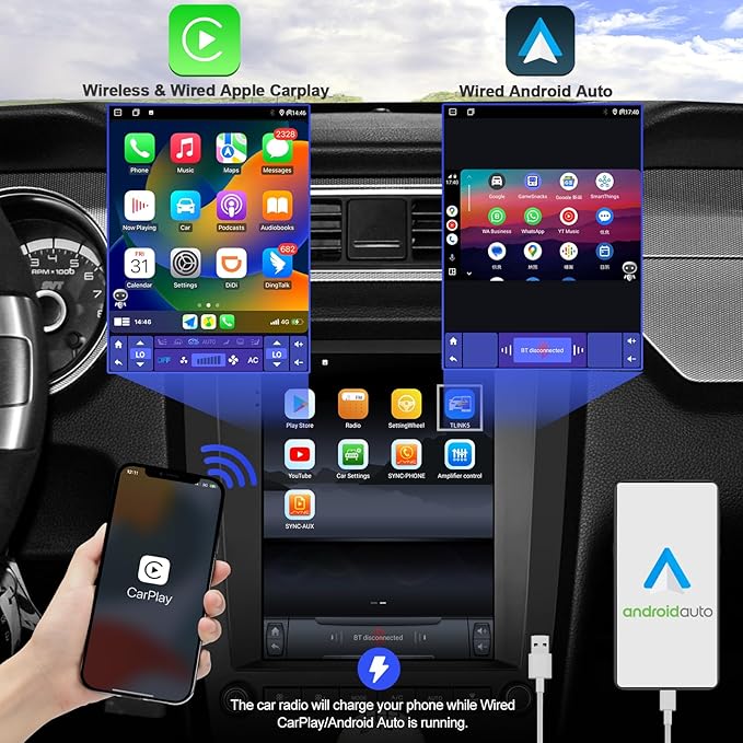 2+64G Android 14 Double Din Car Stereo for Ford Mustang 2010-2014 with 9.7 Inch Touchscreen Radio Built-in Wireless Carplay/Android Auto/GPS/Bluetooth/FM/AUX-in/Steering Wheel Controls/Backup Camera