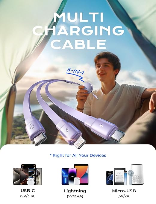 LISEN 3 in 1 Retractable Car & iPhone Charger Cord, Type C/L/Micro USB for iPhone/Samsung/PS/Kindle, Purple