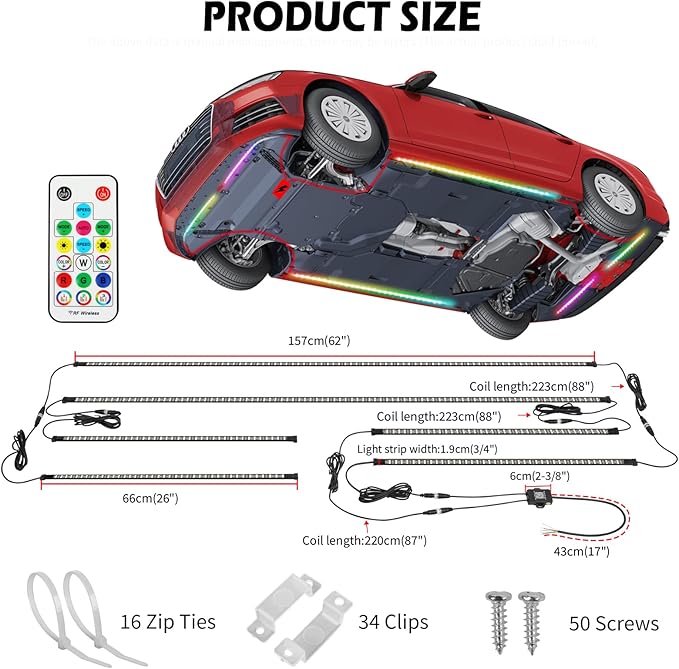 Underglow Light Kits 2-Rows,Neon Accent Strip Lights, 6PCS RGB LED Under Glow Light Kit for Car,Waterproof Exterior Car Light Strips for Van SUV Truck,with APP & RF Remote Control,DC 12V