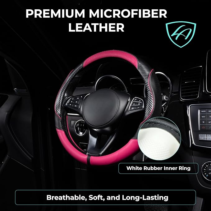 Lord Autofashion Steering Wheel Cover – PU Leather, Non-Slip Rubber Inner, All-Season Comfort – 14.5–15 Inch (Black/Pink 7685)