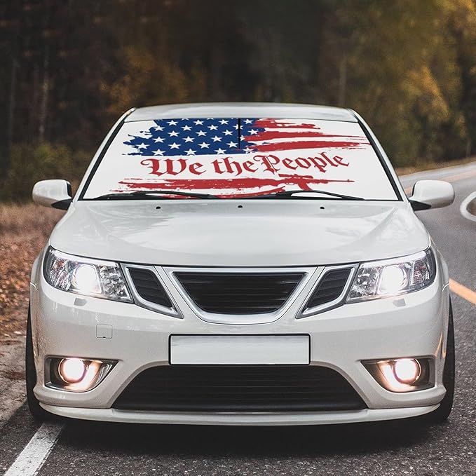 Socira Vintage USA American Flag Car Windshield Sunshade Umbrella Foldable Visor Umbrella Sun Shade Cover Sunshade Front Window Cover Car Accessories Blocks Uv Rays (57" X 30")