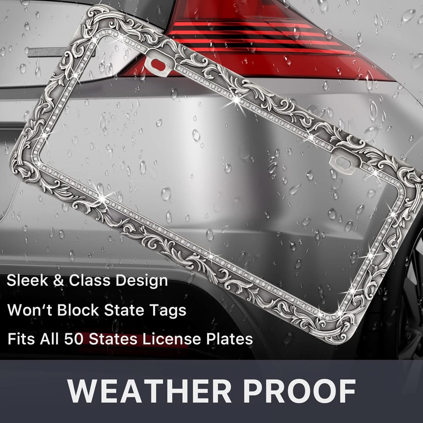 Valor Metal Car License Plate Frames,Antique Old Pattern Printing, Bling Crystal Rhinestones Inlaid,Universal 2 Holes Automotive Replacement Parts Plate Holder(2 Pack)
