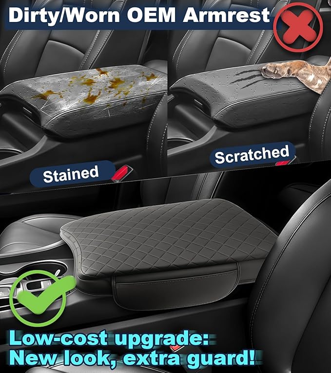 Armrest Cover for Honda Pilot/Passport/Ridgeline Center Console Pad with Organizer Storage Pockets, Black Faux Leather Arm Rest Lid Protector Cushion Interior Accessories (2023-2025)