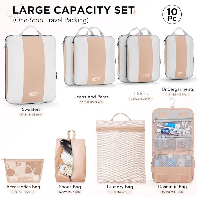 10 Set Compression Packing Cubes for Travel Essentials,Compressible Expandable Packing Cubes for Suitcase,OlarHike Luggage Organizer Bags for Travel,Handy Helper for Organizing Clothes(Gold)