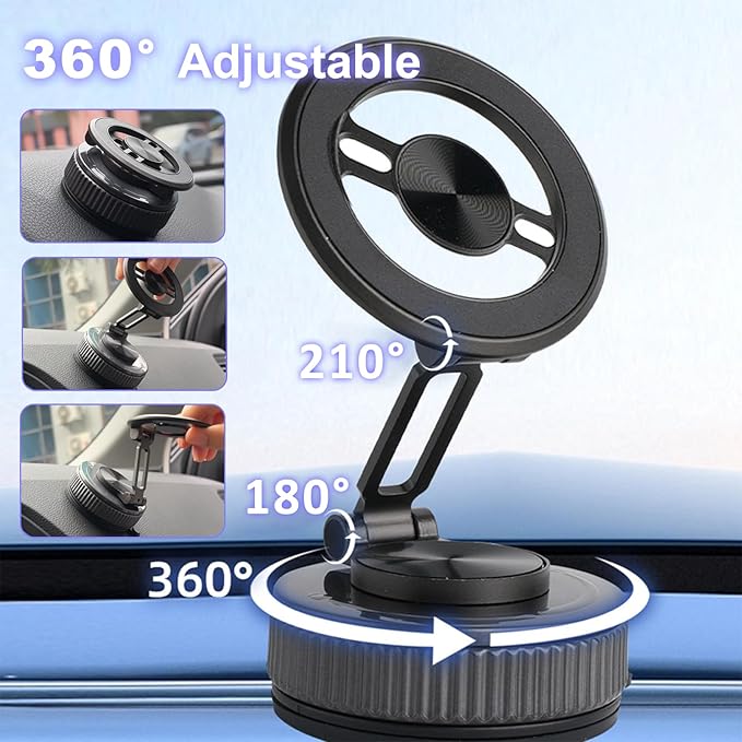 Vacuum Magnetic Phone Holder for Car, 360° Ajustable Car Holders for Magsafe,Ultra Strong Suction Cup Phone Mount, Foldable Cell Phone Holders for Car/Gym/Mirror Bracket for iPhone & Android