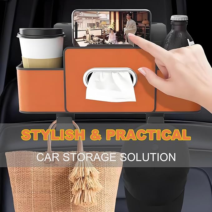 Car Back Seat Organizer, Multifunctional Car Seat Back Storage Box with 2 Cup Holders, Tissue Box for Hold Phones,Snacks, Drinks, Handbags (Orange)