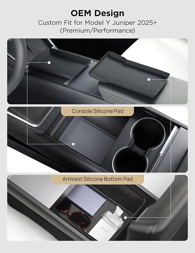 TPARTS Center Console Armrest Bottom Pad for Tesla Model Y Juniper 2026 2025, Full Coverage Silicone Storage Mat Organizer Tray Refresh Interior Accessories (Premium/Performance)