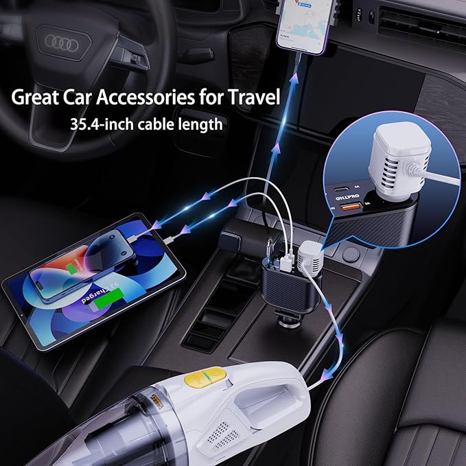 OHLPRO Retractable Car Charger Cigarette Lighter Adapter, 168W 5 in 1 Fast Phone Charging Built-in Replaceable Fuse, Socket Splitter with USB C and USB C Cord, Fit for Phone iPad Galaxy GPS, Grey