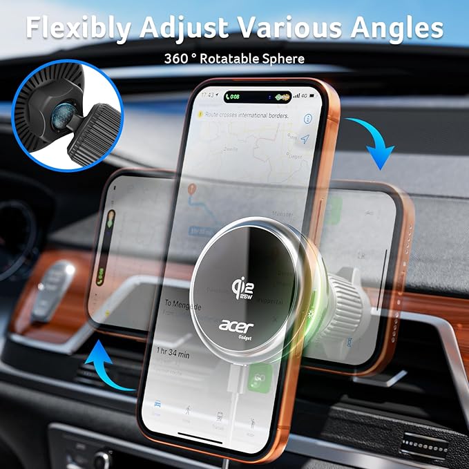 Acer Gadget Qi2.2 25W for MagSafe Car Mount Charger,Wireless Car Charger with Cooling Fan & Backlight,Vent Phone Mount with 45W Car Adapter,360°Rotation Magnetic Phone Holder for iPhone 17/16/15/14/13