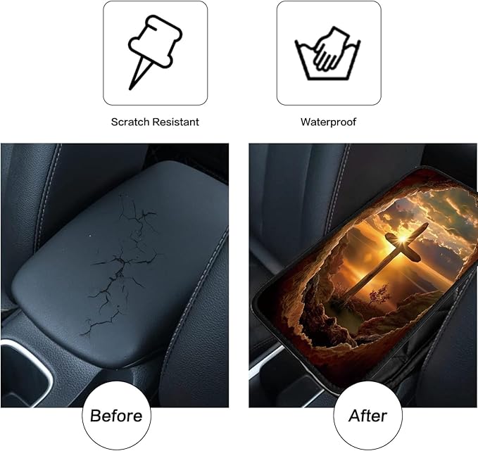 Car Armrest Cover Pads Universal Fashion Cute Auto Center Console Armrest Cover Pad with 2PCS Car Coasters Soft Waterproof Car Armrest Seat Protector for Women, Sunrise Cross