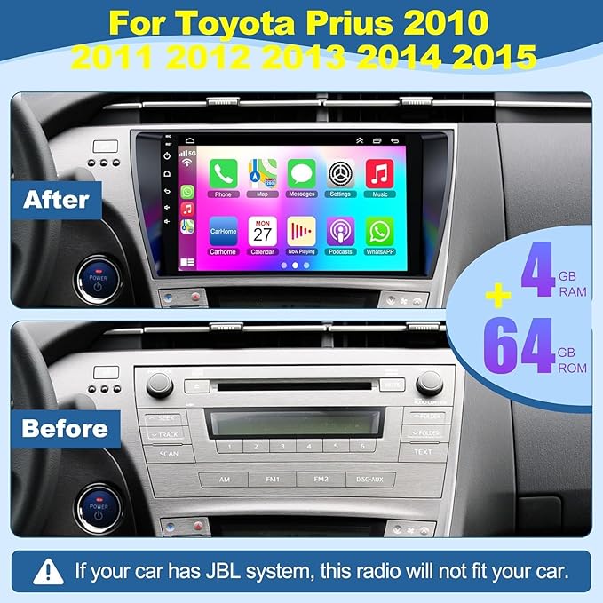(4G RAM+64G ROM) Car Radio for Toyota Prius 2010-2015,9 Inch Prius Stereo Support Carplay/Android Auto,GPS Navigation& Bluetooth,Backup Camera & SWC