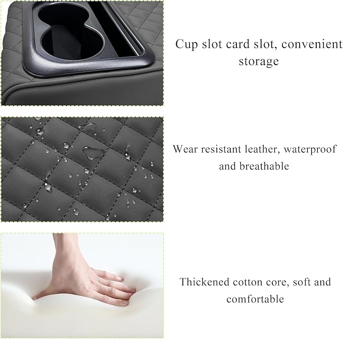 Car Center Console Armrest Pillow, Leather Auto Arm Rest Cover Protector with Cup Holder and Phone Holder, Memory Foam Armrest Cushion for Most Vehicles (Black, Diamond Pattern)
