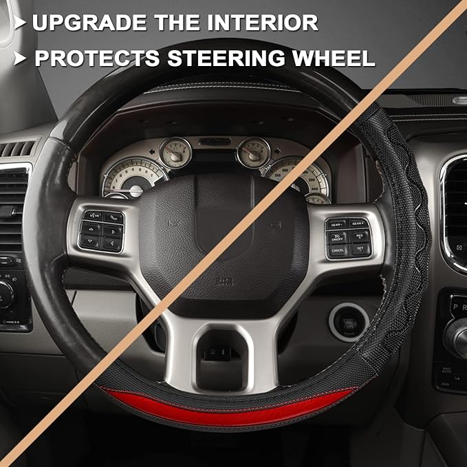 GIANT PANDA Steering Wheel Cover for Dodge Ram 1500 - Car Steering Wheel Covers for Dodge Ram 2500 3500 15.5-16 inch - Red