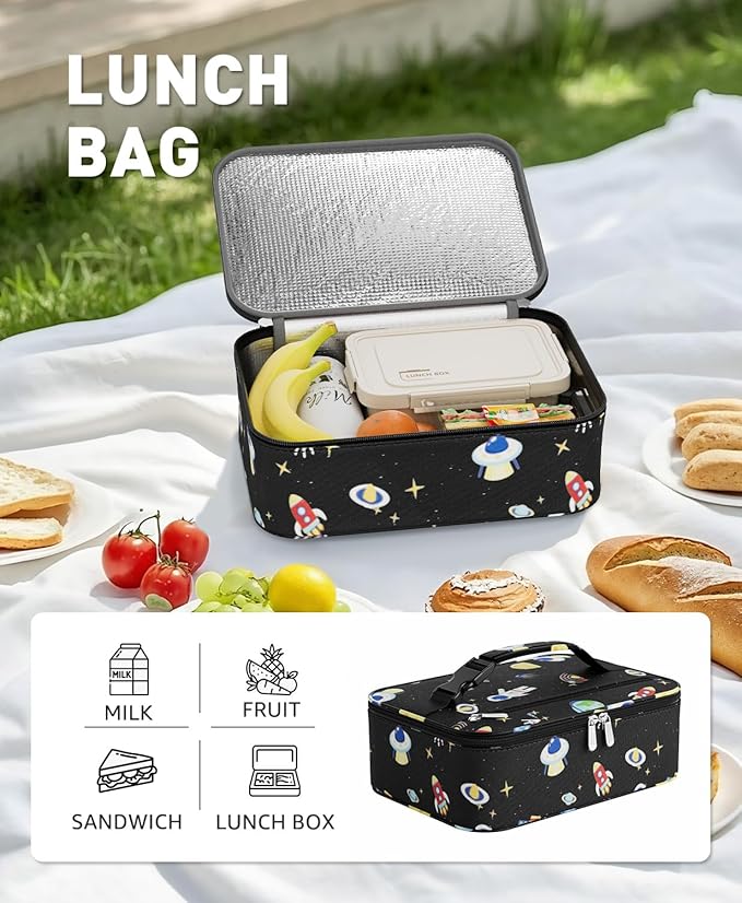 Small Lunch Box Insulated Lunch Bag for Women Men, Bento Kids Lunch Box, Compact Portable Thermal Meal Cooler Bags with Buckle Handle for Work & School, Spaceman 5L