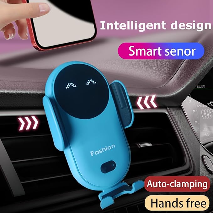 Wireless Car Charger Mount, Cute Car Phone Holder, Automatic Clamping Air Vent Dashboard Smart Phone Holder for iPhone 15/14/13/12/11//XS/XR/8, Samsung S23/22/21/20/Note 20, etc (Blue)