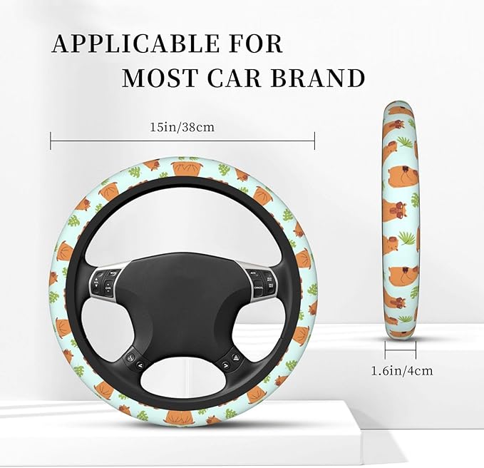 Capybaras and Leaves Steering Wheel Cover for Women Elastic Rubber Steering Wheel Universal 15 Inch Fit for Cars, Auto, SUVs
