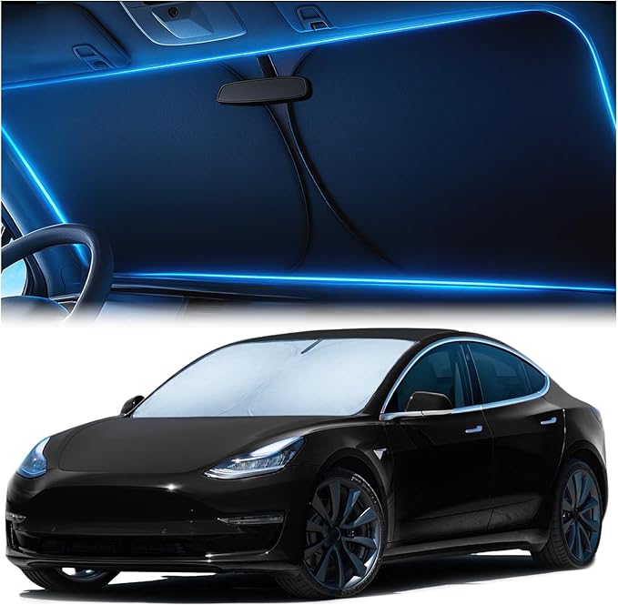 Windshield Sunshade for Tesla Model 3 and Model Y 2017-2026 - Innovative No-Light-Pass Technology, Mirror Cut-Out, Blocks 99% UV Rays, Fade-Resistant, Easy-Fold Model 3 Model Y Windshield Sun Shade