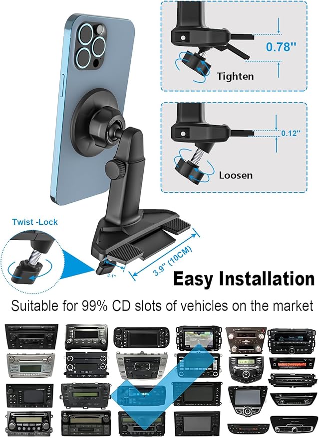 Car CD Slot Phone Mount Magnetic, Car CD Player Phone Holder Mag-Safe with Telescopic Arm [Upgraded Powerful Magnet] for iPhone 15/14/ 13 Series, MagSafe Case & Other Android Phones