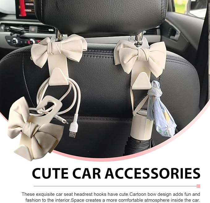 2PCS Car Seat Headrest Hooks, Cute Bow Car Backseat Storage Hooks, Lovely Leather Auto Purse Hook Hanger, Women and Girl Car Interior Accessories for Umbrellas, Coat, Bag (Leather-White)