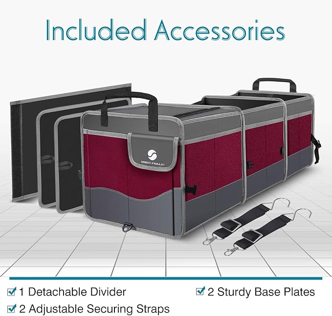 Trunk Organizer with Cooler, Collapsible Trunk Storage Container with Non Slip Bottom Strips, Large Multi-Compartment Waterproof Car Trunk Organizer Groceries for Vehicle Sedan, SUV, Van(Wine Red)