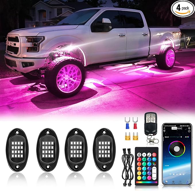 Brightness 4Pods Segmented RGB LED Rock Lights Kit with APP/RF Remote Control, Upgraded Multicolor Underglow Lights Neon Music Mode Waterproof 12V Underbody Light for Trucks Pickup Jeep Golf Cart ATV