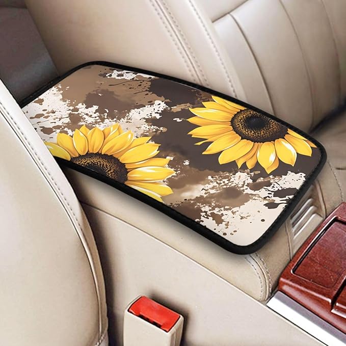 Universal Car Center Console Cushion Pad, Sunflower Flowers Brown Soft Waterproof Car Center Console Cover Auto Armrest Seat Box Cover Protector for Most Vehicle SUV Truck Car