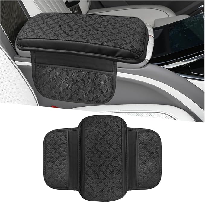Car Center Console Cover, Leather Car Armrest Storage Box Protector Pad, Middle Console Cover with 2 Side Storage Bags, Vehicle Armrest Cushion for Most Cars, Trucks, SUVs (Black)