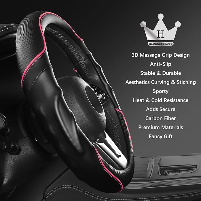 3D Car Steering Wheel Cover Comfort Grip Massage Sporty Anti-Slip Carbon Fiber Faux Leather for Sedan SUV, Universal Fit, Car Handle Covers for All Seasons, 14.75-15.15in, Pink