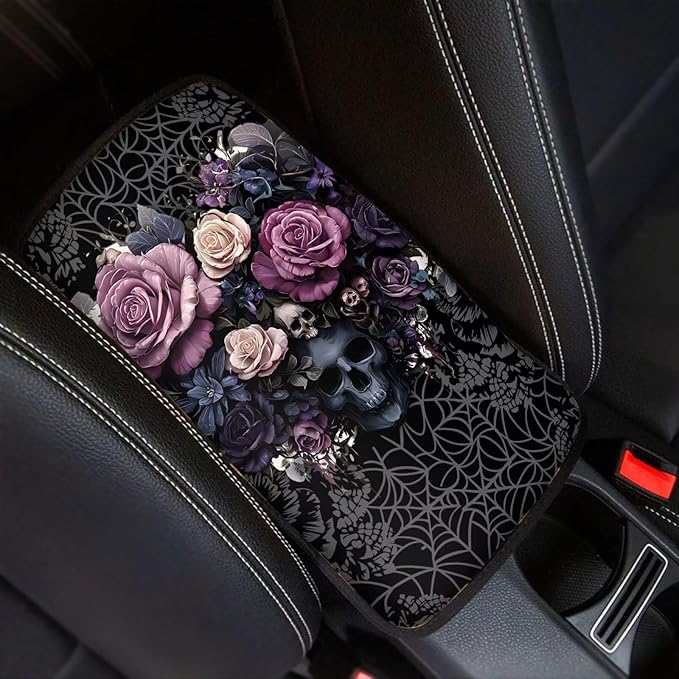 Skull Rose Print Armrest Cushion Cover for Car Dirt-Resistant & Scratch Proof Auto Armrest Seat Box Cover Protector Universal Fit Auto Interior Decor